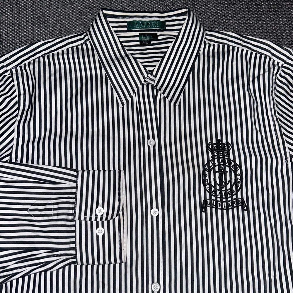 Vintage Ralph Lauren Naval Embroidered Black/White Striped Long Sleeve Shirt L